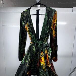 Tropical Print Deep V-Wrap Long Sleeve Dress in Green and Yellow
